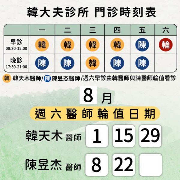 115年8月門診時間、週六輪值表