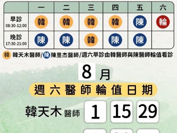 115年8月門診時間、週六輪值表